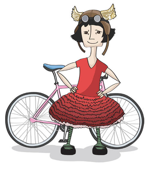 illustration of Amélie with a bicycle and waring a big layered skirt and winged helmet