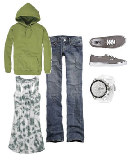 jeans, long tank, hoodie, and Vans shoes