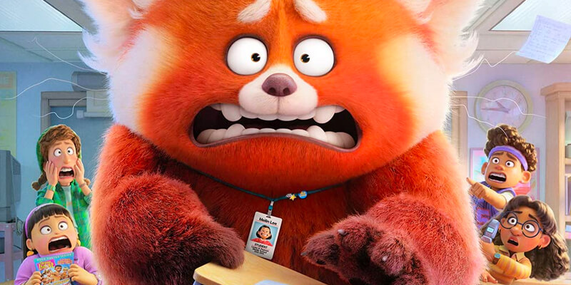 an animated giant, embarrassed red panda surrounded by shocked teenagers