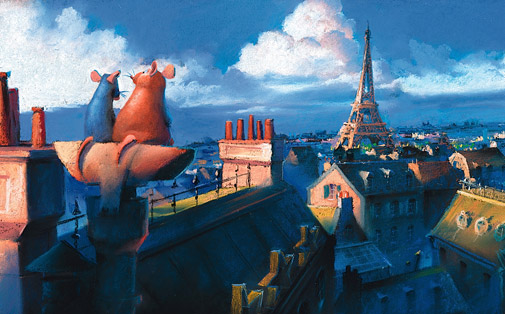 Remy and Emille looking over the rooftops of Paris