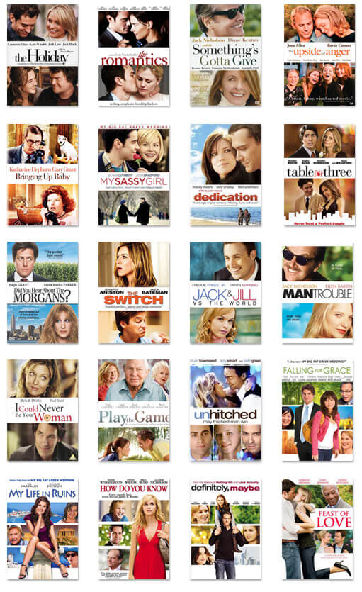 a grid of romantic comedy DVDs that all look the same