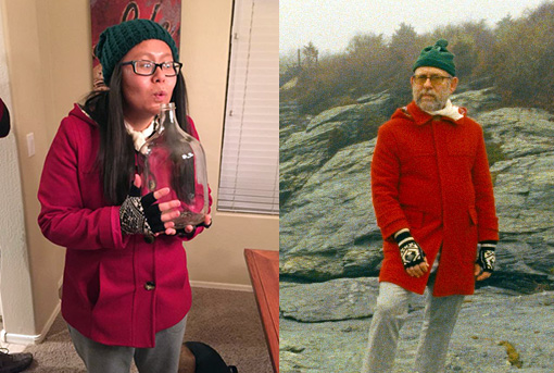 me dressed as the narrator from Moonrise Kingdom with red pea coat, fingerless gloves, and green beanie