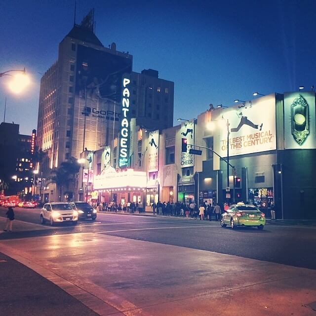 nightime shot of Pantages Theatre in Los Angeles