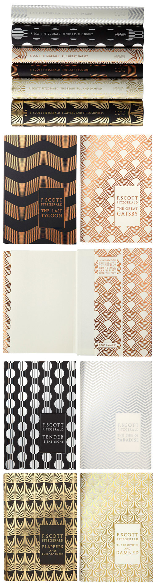 F. Scott Fitzgerald books with metallic, art deco patterned covers