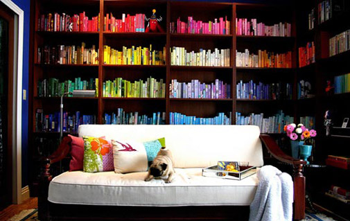 bookshelves with books organized by color