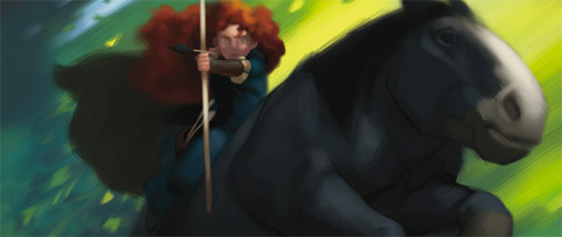Merida rides a horse with bow and arrow raised