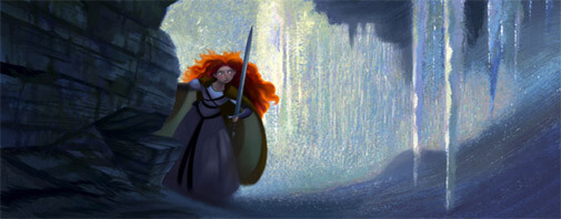Merida holds a sword and looks into a cave