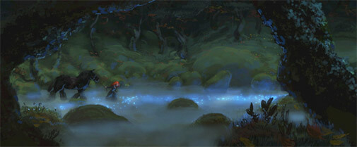 Merida walks her horse through a foggy forest