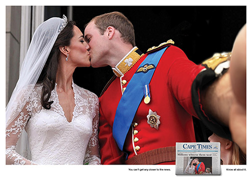 Prince William taking a selfie of himself kissing Kate on their wedding day