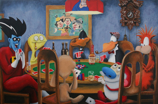 cartoon characters in the style of Dogs Playing Poker