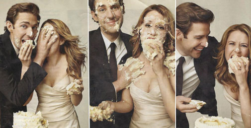 Pam and Jim eating wedding cake