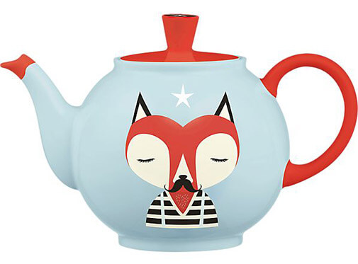 a blue and red teapot with an illustration of a mustached fox