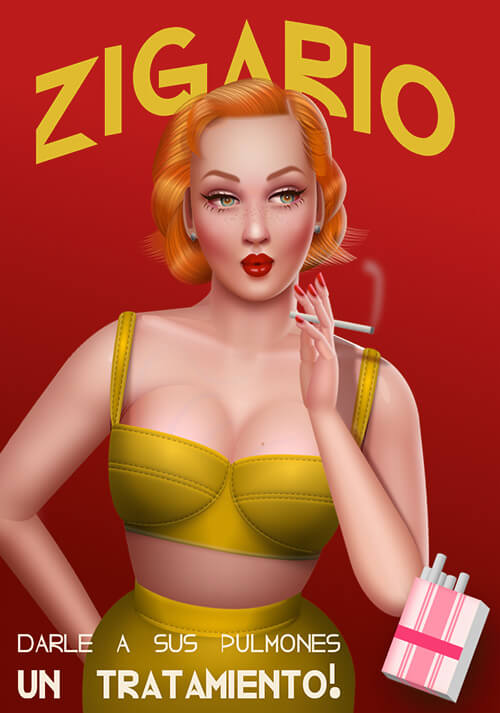 a vintage cigarette ad with a red-haired woman in a green outfit