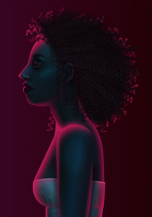 a dark profile portrait of a woman with curly hair, magenta light reflecting off her hair and face