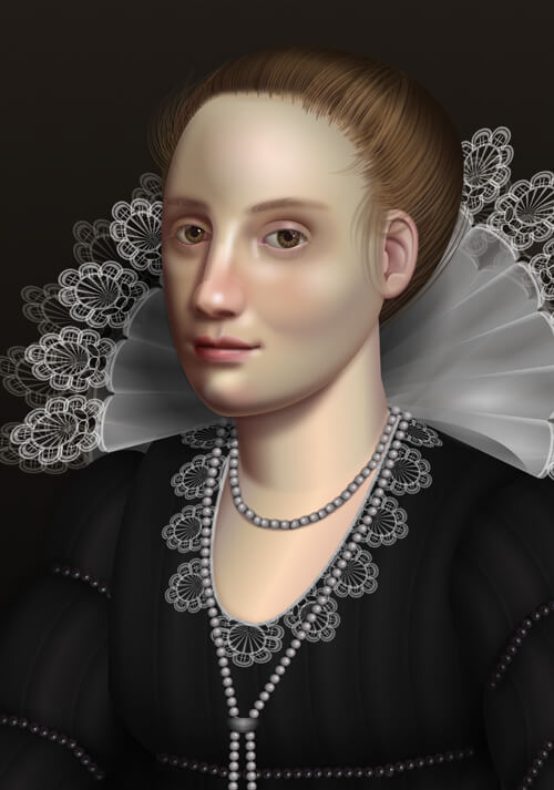 portrait of a woman with an elaborate lace collar in the style of a Flemish baroque oil portrait