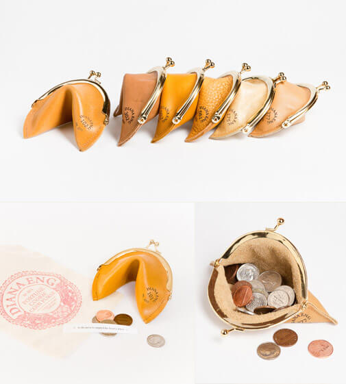 leather coin purses that look like fortune cookies