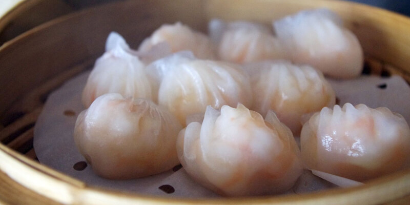 shrimp dumplings in a white translucent wrapper