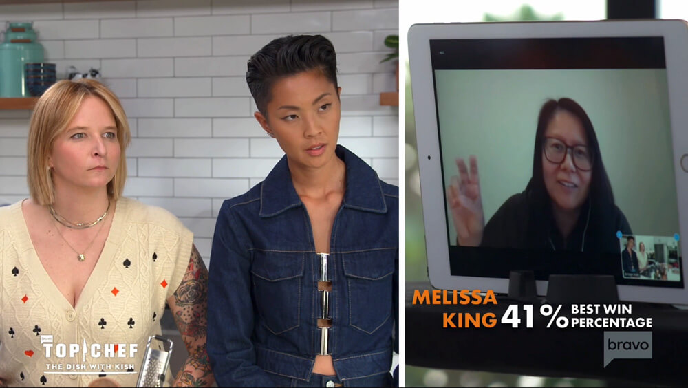 split screen with Kristen Kish and Stephanie Cmar on the left and me on an iPad on the right