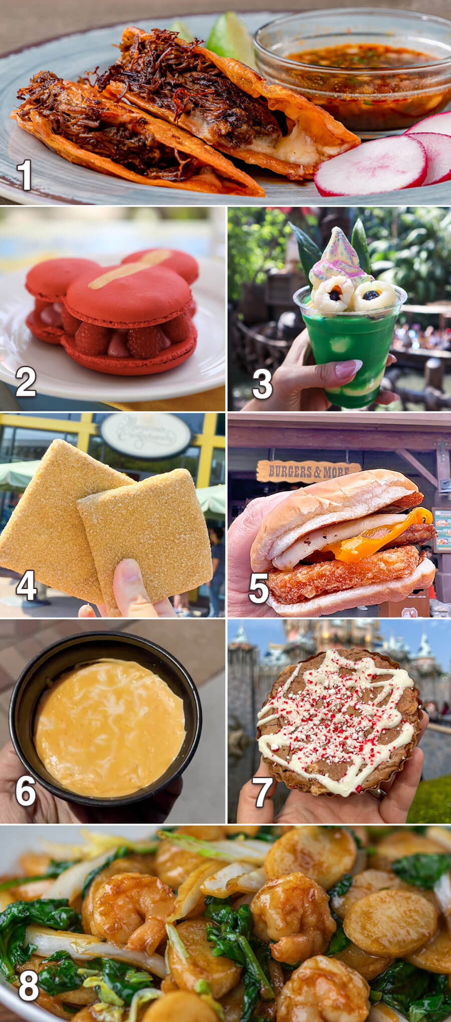 1. two tacos, 2. red Mickey shaped macaron filled with raspberries, 3. Dole Whip float with green liquid and two lychee, 4. churro dusted toffee squares, 5. breakfast sandwich with egg, sausage, and a hash brown, 6. cup of orange-ish dip, 7. round, light brown baked good drizzled with icing and peppermint pieces, 8. stir fry dish with rice cakes, cabbage, and shrimp