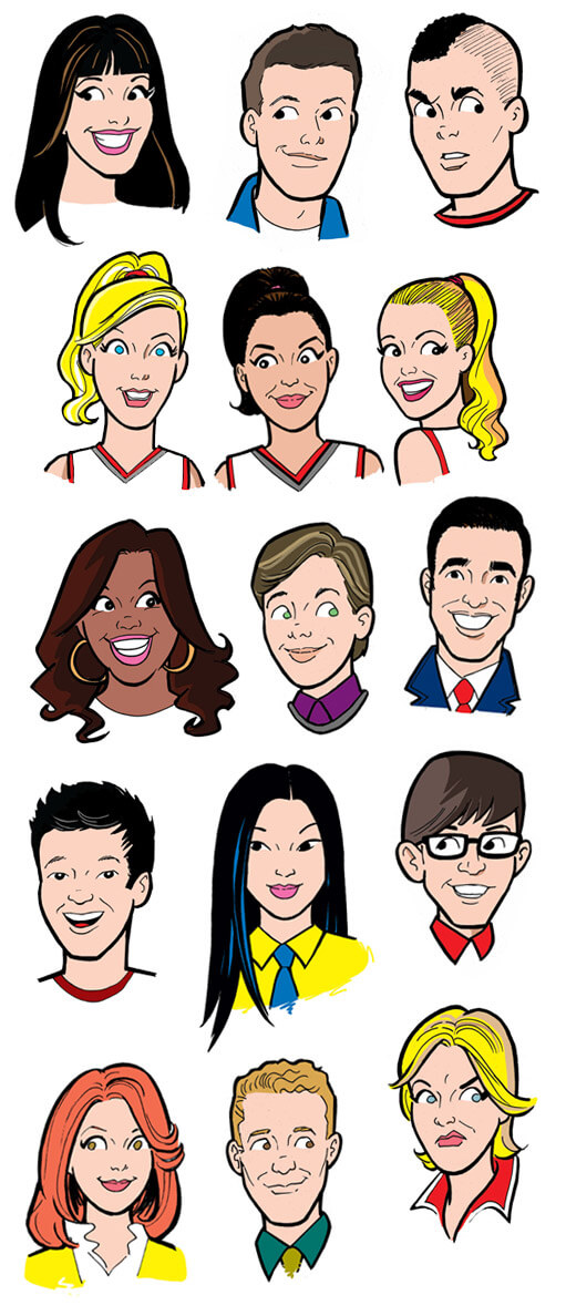 Glee characters drawn in Archie comics style