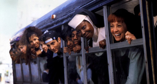 Whoopi and the kids on the bus in Sister Act 2