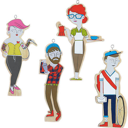 ornaments of various hipsters like a tattoo artist, barista, and bike delivery guy