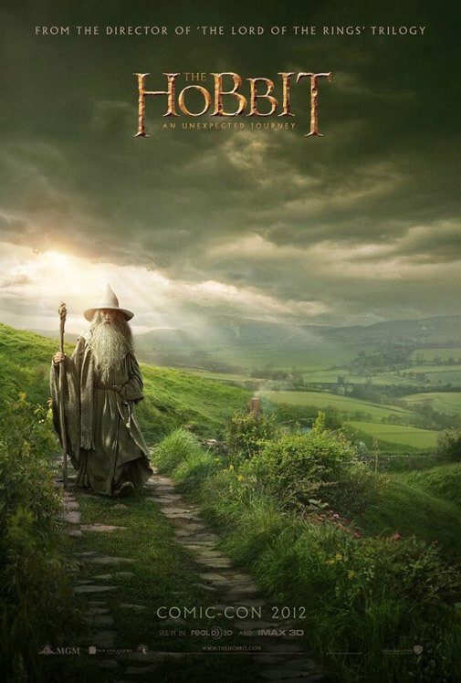poster for the Hobbit showing Gandalf walking into the Shire