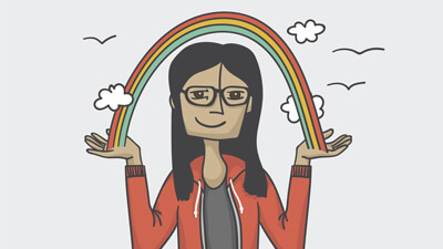 cartoon Lynn with a rainbow extending from her open hands