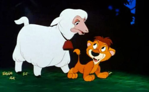 A mother sheep with Lambert a baby lion