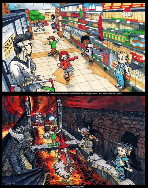 first panel: kids playing on the colored floor tiles of a grocery store; second panel: the kids in a fantasy world, standing on ledges and bridges to avoid hot lava below