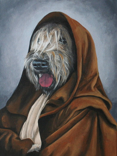 Goose, a wheaten terrier, dressed as a jedi knight