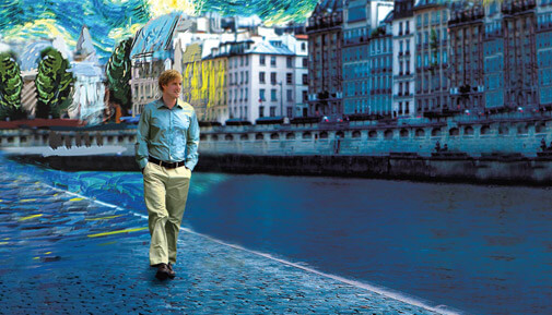 Owen Wilson walking through a painted Paris