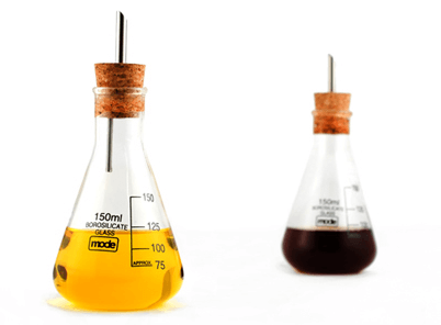 oil and vinegar containers that look like flasks from a chemistry lab