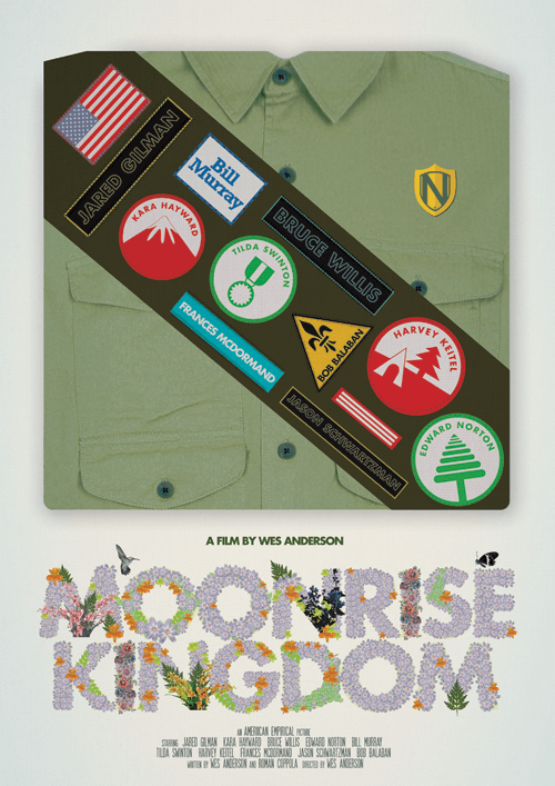 movie poster for Moonrise Kingdom with cast names drawn as scout merit badges on a sash