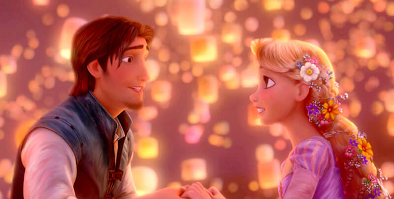 Flynn and Rapunzel look at each other amongst the floating laterns