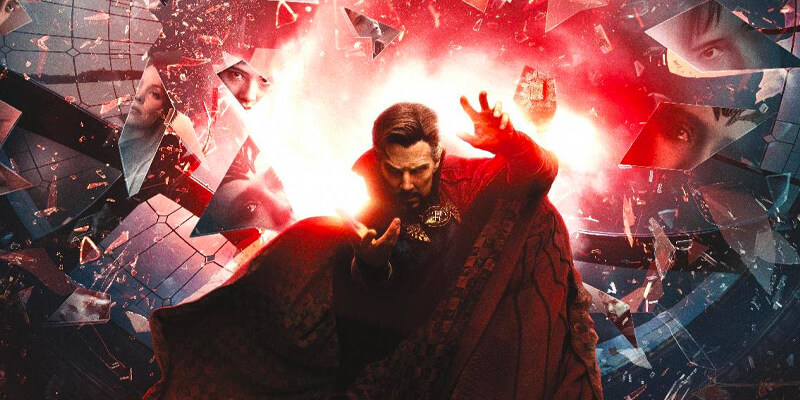Doctor Strange doing his hand magic while imagery in glass shatters behind him