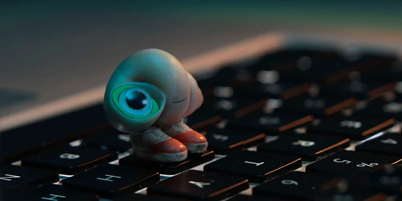 Marcel, a tiny shell with shoes stands on a laptop keyboard looking up at the screen