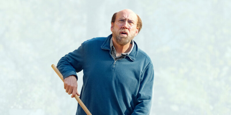 bearded Nicolas Cage in a pullover sweater and holding a rake looks up at the sky with mouth open