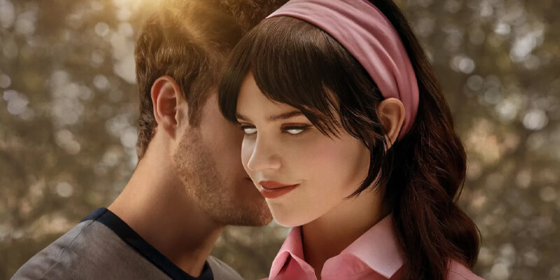 Jack Quaid with his face hidden behind Sophie Thatcher’s, her eyes completely white and lifeless