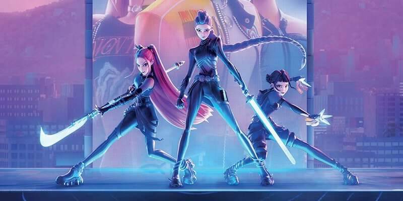 Rumi, Mira, and Zoey in black leather, holding their illuminated weapons