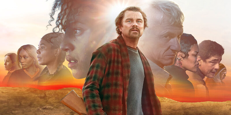 Leonardo DiCaprio in flannel with the rest of the cast collgaed behind him