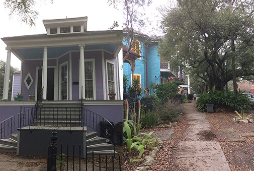 a purple New Orleans house with curved staircase and white columns