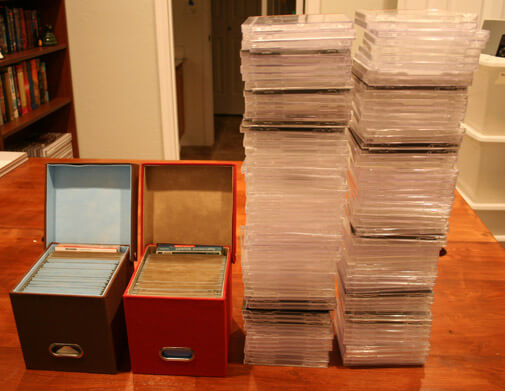 filing boxes and lots of empty CD cases
