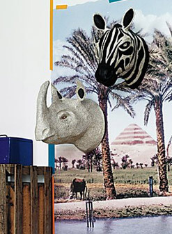 papier-mâché rhio and zebra heads