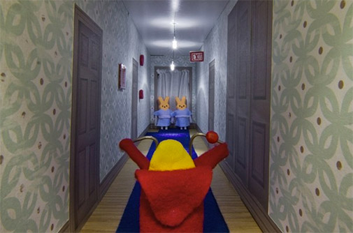 peeps in a scene from The Shining with the twins in the hallway