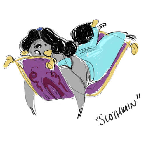 sloth Jasmine reclining on the magic carpet