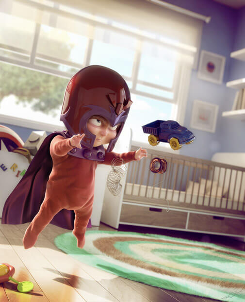 baby in Magneto’s helmet and cape levitating in a nursery