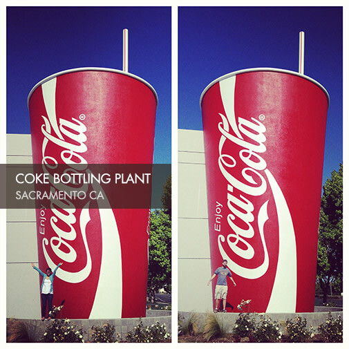 Lynn and Clay in front of a giant Coke cup at the Coke bottling plant in Sacramento, CA