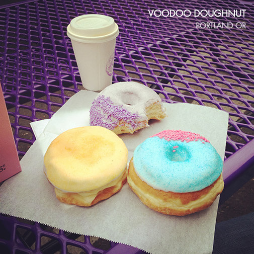 colorful Voodoo doughnuts and coffee