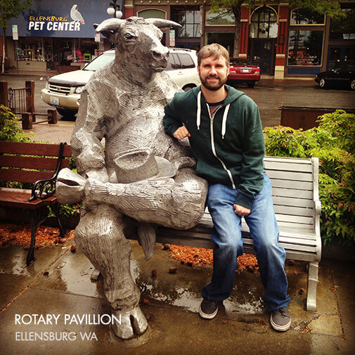 Clay with a bull statue in Ellensburg, WA